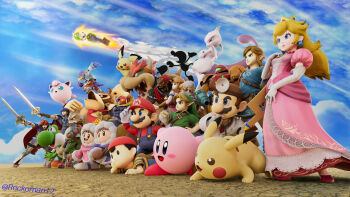 5girls 6+boys :d absurdres arm_cannon armor armored_boots artist_name beak bird_boy black_eyes blonde_hair blue_eyes blue_hair blue_overalls blue_sky blue_tunic boots bottle bowser bracer brooch brown_hair captain_falcon champion's_tunic_(zelda) clenched_teeth cloud crossed_arms crown dinosaur doctor donkey_kong donkey_kong_(series) dr._mario dragon dress dual_persona earrings elbow_gloves f-zero facial_hair falchion_(fire_emblem) falco_lombardi fire_emblem floating fox_boy fox_mccloud full_armor furry furry_male game_&amp;_watch ganondorf gen_1_pokemon gen_2_pokemon gloves gorilla green_eyes green_tunic group_picture hammer hand_on_own_chin hand_on_own_hat hand_on_own_hip headband headlamp headset helmet high_heels highres holding holding_bottle holding_hammer holding_sword holding_weapon hood hood_up horns ice_climber jewelry jigglypuff juliet_sleeves kirby_(series) legendary_pokemon link long_dress long_hair long_sleeves luigi lying mario mario_(series) marth_(fire_emblem) metroid mewtwo milk mittens mother_(series) mother_2 mr._game_&amp;_watch multiple_boys multiple_girls mustache nana_(ice_climber) necktie ness_(mother_2) nintendo on_stomach open_mouth overalls parka pichu pikachu pink_dress pointy_ears pokemon pokemon_(creature) popo_(ice_climber) power_suit power_suit_(metroid) princess_peach princess_zelda puffy_sleeves reckoman red_hair red_necktie reflector_(star_fox) ring roy_(fire_emblem) samus_aran scarf sharp_teeth sheik sheikah short_hair shoulder_armor sideways_hat sky smile spikes star_fox stethoscope super_smash_bros. sword tail teeth the_legend_of_zelda tiara tunic turban turtle_shell varia_suit weapon white_gloves young_link