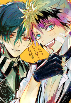 2boys akuma_shitsuji_to_kuroi_neko aqua_hair bandage_on_cheek black_collar black_gloves black_streaks black_vest blonde_hair blue_eyes blue_hair closed_mouth collar collared_shirt colored_eyelashes commentary_request cross cross_earrings double-parted_bangs ear_chain earrings fang finger_to_mouth fingerless_gloves gloves gradient_hair hair_between_eyes haures_clifford head_tilt highres jewelry light_blush linked_piercing lono_fontaine looking_at_viewer looking_to_the_side looking_up male_focus multicolored_hair multiple_boys nonoko_(meg36544) open_clothes open_mouth open_shirt piercing pink_hair red_eyes sanpaku scar scar_on_chest shirt short_hair signature smile spiked_collar spiked_hair spikes striped_collar three-quarter_sleeves translation_request two-tone_hair upper_body v-shaped_eyebrows vertical-striped_collar vest waistcoat watermark white_shirt wing_collar yellow_background