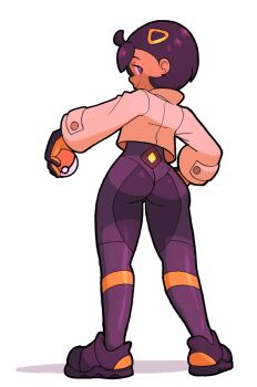 1girl ass black_bodysuit black_hair bodysuit bodysuit_under_clothes brown_jacket closed_mouth dark-skinned_female dark_skin emma_(pokemon) eversmithi full_body gloves hair_ornament highres holding holding_poke_ball jacket latex latex_bodysuit looking_at_viewer looking_back nintendo orange_gloves poke_ball poke_ball_(basic) pokemon pokemon_legends:_z-a purple_eyes short_hair simple_background smile solo white_background