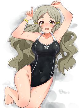 1girl absurdres animal_print armpits arms_up black_one-piece_swimsuit blush body_blush breasts butterfly_print cait_sith47 cleavage collarbone competition_swimsuit dot_nose embarrassed feet_out_of_frame fluffy_hair from_above grey_hair hair_tie handa_roco highres idolmaster idolmaster_million_live! idolmaster_million_live!_theater_days knees_together_feet_apart large_breasts long_hair looking_at_viewer lying nose_blush official_alternate_costume on_back one-piece_swimsuit open_mouth parted_bangs shy simple_background solo swimsuit twintails very_long_hair wave_makers!_(idolmaster) wavy_hair wet wet_hair wristband yellow_eyes