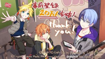 3boys :d aoyagi_touya aqua_eyes black_pants black_shorts blonde_hair blonde_streaks blue_hair blue_sweater brown_eyes closed_mouth collarbone collared_sweater colorful_palette commentary_request company_name copyright_notice drawstring grey_eyes grey_jacket grey_vest grin holding holding_phone hood hoodie jacket jewelry kagamine_len logo male_focus milestone_celebration mole mole_under_eye multicolored_hair multiple_boys necklace official_art open_clothes open_jacket open_mouth open_vest orange_hair pants phone project_sekai shinonome_akito shirt shorts smile spiked_hair split-color_hair streaked_hair sweater sweatpants teeth thank_you translation_request two-tone_hair vest vivid_bad_squad_len vocaloid watermark web_address white_shirt yellow_hoodie