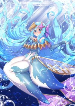 1girl absurdres air_bubble amabie_(yu-gi-oh!) amabie_(yu-gi-oh!)_(cosplay) aqua_eyes aqua_hair ashikoshi_jakushi awase_marina bare_shoulders blush breasts bubble commentary_request commission cosplay fingerless_gloves gloves hair_between_eyes hair_ornament highres jikkyou_powerful_pro_yakyuu large_breasts long_hair mermaid monster_girl open_mouth power_pro_appli see-through_cleavage see-through_clothes skeb_commission solo sparkle underwater very_long_hair yu-gi-oh!