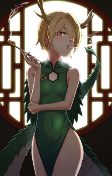 1girl antlers bare_shoulders blonde_hair breasts china_dress chinese_clothes commentary_request dragon_girl dragon_horns dragon_tail dress eyes_visible_through_hair fur-tipped_tail green_dress green_scales green_tail hair_over_one_eye highres holding holding_smoking_pipe horns kicchou_yachie looking_at_viewer monster_girl one_eye_closed one_eye_covered open_mouth red_eyes scales short_hair sleeveless smoke smoking smoking_pipe solo tail tamahuku_0911 touhou turtle_shell yellow_horns
