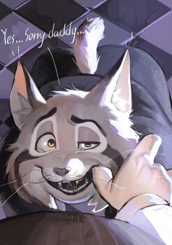 2boys 9x8bit absurdres animal_ears cat_boy cat_ears cat_tail checkered_floor commentary english_commentary english_text fangs finger_in_another&#039;s_mouth furry furry_male half-closed_eye highres kneeling looking_at_viewer looking_up male_focus milton_lynxley multiple_boys open_mouth pawbert_lynxley tail tearing_up whiskers zootopia