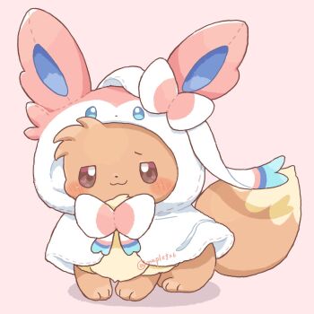 Rule 34 | :3, animal focus, animal hood, blush, brown eyes, brown fur, closed mouth, cosplay, eevee, gen 1 pokemon, gen 6 pokemon, hood, hood up, kana (maple926), looking at viewer, nintendo, no humans, pink background, pokemon, pokemon (creature), pokemon focus, simple background, smile, sylveon, sylveon (cosplay), tail