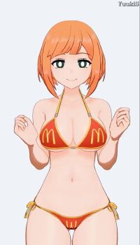 1girl 3d animated arms_behind_back bikini bouncing_breasts breasts closed_mouth cowboy_shot dancing eyelashes female_focus green_eyes hands_up highres koikatsu_(medium) large_breasts looking_at_viewer looping_animation mcdonald&#039;s medium_hair mother_(yoru_mac) multicolored_bikini naughty_face navel red_bikini side-tie_bikini_bottom smile solo standing swimsuit tagme two-tone_bikini video w_arms yellow_bikini yoru_mac yuukis