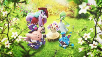 3d alcremie alcremie_(strawberry_sweet) alcremie_(tea_party) azumarill azumarill_(tea_party) black_eyes blue_bow bob_cut bow clefable clefable_(fashionable) clothed_pokemon colored_skin dress galarian_form galarian_rapidash galarian_rapidash_(elegant) gardevoir gen_1_pokemon gen_2_pokemon gen_3_pokemon gen_8_pokemon grass green_hair green_skin hat highres horns multicolored_skin nintendo official_art on_grass pink_eyes pink_skin pokemon pokemon_(creature) pokemon_unite purple_bow single_horn third-party_source top_hat tree_stump two-tone_skin unicorn white_dress white_skin