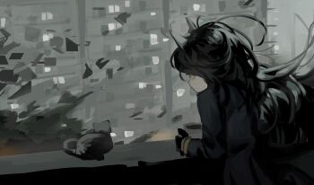 1girl ahoge black_coat black_gloves black_hair building cat coat coffee cup dom1 gloves grey_hair highres holding holding_cup long_hair long_sleeves manhattan_cafe_(creeping_black)_(umamusume) manhattan_cafe_(umamusume) mug multicolored_hair solo umamusume very_long_hair