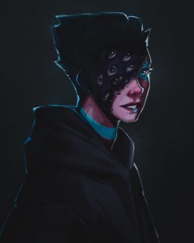 Rule 34 | 1other, absurdres, art fight attack, black background, black eyes, black hair, black hoodie, blue eyes, commentary, english commentary, extra eyes, from side, gift art, highres, hood, hood down, hoodie, lips, looking at viewer, nose, original, other focus, parted lips, short hair, simple background, solo, titanartx, upper body