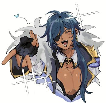 1boy ahoge armor black_gloves blue_hair blush cleavage_cutout closed_eyes clothing_cutout commentary cropped_torso dark-skinned_male dark_skin earrings english_commentary eyepatch fan_to_mouth fingerless_gloves from_above fur-trimmed_jacket fur_trim genshin_impact gloves gyaru_v hair_between_eyes heart highres jacket jewelry kaeya_(genshin_impact) long_hair male_focus open_mouth pauldrons pectoral_cleavage pectorals riki0928 shoulder_armor simple_background solo teeth tongue upper_body v white_background white_jacket