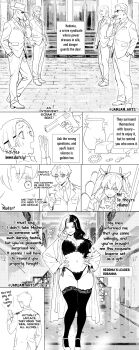 3girls 5boys bathrobe black_bra black_hair black_panties black_thighhighs bra breasts cellphone comic commander_(nikke) constricted_pupils cowboy_shot formal_clothes full_body goddess_of_victory:_nikke hands_on_own_hips high_heels highres indoors jamjamstyle laplace_(nikke) large_breasts lingerie long_hair military_uniform multicolored_hair multiple_boys multiple_girls navel outdoors panties phone rosanna_(nikke) side-tie_panties smartphone smoking smug standing suit sunglasses text_focus thighhighs two-tone_hair underwear white_hair