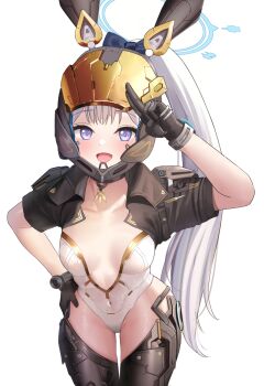 1girl alternate_costume animal_ears black_gloves blue_archive blue_halo breasts brown_shirt bunny_(the_first_descendant) commentary_request commission crossover fake_animal_ears gloves halo hand_on_own_hip highres ine_(ineinnen) leaning_forward light_blush looking_at_viewer mechanical_ears medium_breasts miyako_(blue_archive) open_mouth pixiv_commission playboy_bunny ponytail purple_eyes rabbit_ears salute shirt short_sleeves simple_background small_breasts smile solo standing the_first_descendant two-finger_salute white_background white_hair