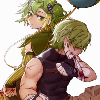 1boy 1girl arms_at_sides back-to-back backboob backlighting balloon bandaged_arm bandages bare_shoulders belt black_bow black_gloves black_shirt blonde_hair boom_balloon_flower_(plants_vs._zombies) bow breasts brown_belt brown_pants chinese_commentary commentary_request covered_abs covered_collarbone covered_eyes covered_navel cowboy_shot curtained_hair detached_sleeves dress expressionless fingerless_gloves gloves green_dress green_eyes green_hair green_sleeves hair_between_eyes hair_bow hair_over_eyes hand_up headbutter_lettuce_(plants_vs._zombies) jitome long_sleeves looking_at_another looking_back mouth_hold multicolored_hair open_mouth pants parted_lips personification plants_vs._zombies plants_vs._zombies_2 pocket profile red_pupils scar scar_on_arm sharp_teeth shirt shirt_tucked_in short_hair short_twintails sidelocks simple_background sitting sleeveless sleeveless_dress sleeveless_shirt sleeveless_turtleneck sleeves_past_wrists small_breasts standing streaked_hair teeth toned toned_male turtleneck turtleneck_shirt twintails two-tone_hair two-tone_sleeves veghia vertical-striped_sleeves white_background yellow_sleeves