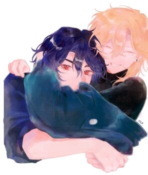 Rule 34 | 2boys, arm around neck, aventurine (honkai: star rail), black shirt, blonde hair, blue jacket, blue shirt, closed eyes, cropped torso, double-parted bangs, dr. ratio (honkai: star rail), grin, hair behind ear, hair between eyes, hashtag-only commentary, highres, honkai: star rail, honkai (series), jacket, jacket partially removed, looking to the side, male focus, multiple boys, nica3 z, parted hair, red eyes, shirt, sideways glance, simple background, sleeves rolled up, smile, turtleneck, white background
