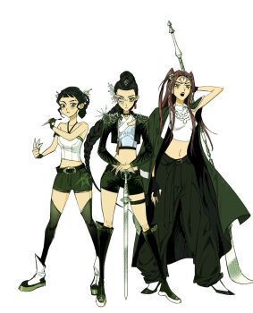 Rule 34 | 3girls, aespa, black hair, black pants, black thighhighs, boots, braid, braided ponytail, commentary request, cropped jacket, full body, halterneck, highres, holding, holding polearm, holding weapon, korean commentary, kouwn, kpop demon hunters, long hair, looking at viewer, makeup, midriff, mira (kpop demon hunters), multiple girls, navel, pants, planted, planted sword, planted weapon, polearm, rumi (kpop demon hunters), short bangs, shorts, sword, thigh strap, thighhighs, turtleneck, twintails, weapon, zoey (kpop demon hunters)