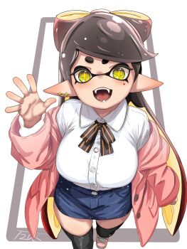 Rule 34 | + +, 1girl, black thighhighs, blush, bow, callie (splatoon), commentary request, denim, denim skirt, highres, inkling, jacket, long hair, long sleeves, looking at viewer, mole, mole under eye, multicolored hair, nintendo, open clothes, open jacket, open mouth, pink jacket, pointy ears, shirt, skirt, splatoon (series), splatoon 1, t2ukmyjm, tentacle hair, thighhighs, thighs, tongue, two-tone hair, waving, white shirt, yellow eyes