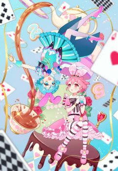 1boy 1girl absurdres aiguillette alice_(alice_in_wonderland) alice_(alice_in_wonderland)_(cosplay) alice's_adventures_in_wonderland animal_ears black_bow blue_dress blue_eyes blue_gloves blue_hair blush bottle bow braid brother_and_sister card center_frills club_(shape) collared_dress commentary_request cosplay crossdressing cup diamond_(shape) dorothy_west dress eye_contact fishnet_pantyhose fishnets floating floating_card flower frilled_dress frills full_body gloves hairband hands_up heart heart_print high_heels highres holding holding_bottle idol_clothes looking_at_another mole mole_under_eye momokan_(mmkn100) open_mouth pantyhose pink_dress pink_eyes pink_hair pink_shoes playing_card pocket_watch potion pretty_series pripara puffy_short_sleeves puffy_sleeves rabbit_ears red_flower red_rose reona_west rose rotational_symmetry shoes short_hair short_sleeves siblings side_braid smile spade_(shape) spill tea teacup teapot trap twins upside-down watch white_hairband white_pantyhose white_rabbit_(alice_in_wonderland) white_rabbit_(alice_in_wonderland)_(cosplay) wrist_bow wrist_cuffs