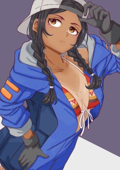 1girl backwards_hat bikini bikini_top_only black_hair blue_jacket braid brown_eyes closed_mouth collarbone commentary dark-skinned_female dark_skin eyelashes front-tie_bikini_top front-tie_top gloves grey_gloves grey_hat gundam gundam:_hathaway's_flash hat highres jacket julia_suga long_hair long_sleeves mono9ron solo swimsuit tan tanline twin_braids twintails two-tone_background