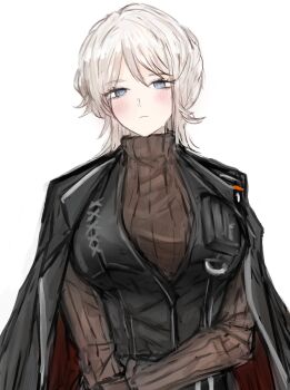 1girl black_jacket black_vest blue_eyes blush breasts brown_sweater closed_mouth commentary_request faust_(project_moon) formal_clothes hair_between_eyes highres jacket lapels large_breasts limbus_company long_sleeves open_clothes open_jacket project_moon red_jacket sakutein_oekaki short_hair simple_background solo sweater turtleneck turtleneck_sweater two-sided_fabric two-sided_jacket upper_body vest white_background white_hair