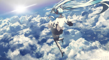 1girl above_clouds anqc137 blue_hair cloud falling from_behind hatsune_miku highres sky solo thighhighs twintails vocaloid watermark weibo_watermark