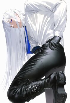 Rule 34 | 1boy, belt, belt buckle, black belt, black boots, black gloves, black pants, blue eyes, blunt bangs, boots, buckle, closed mouth, commentary, frown, gang g, gloves, highres, leg belt, long hair, long sleeves, looking back, male focus, multiple belts, original, pants, shiny clothes, shirt, shirt tucked in, simple background, solo, standing, standing on one leg, very long hair, white background, white hair, white shirt
