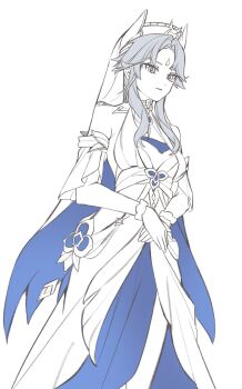 1girl alternate_breast_size_(smaller) armlet bare_shoulders blue_veil breasts canon_(genshin_impact) character_request cleavage_cutout closed_mouth clothing_cutout cowboy_shot detached_sleeves dress eyelashes facial_mark forehead_mark frilled_sleeves frills genshin_impact hands_on_own_stomach highres jewelry light_smile looking_at_viewer monochrome naengbi1008 open_hands own_hands_together short_hair short_hair_with_long_locks side_slit sidelocks small_breasts solo spoilers tsurime two-sided_veil veil white_background wrist_cuffs