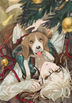 Rule 34 | 1other, absurdres, adjusting eyewear, androgynous, animal on chest, beagle, blurry, blurry foreground, brown shorts, christmas ornaments, christmas tree, cowboy shot, dog, glasses, green vest, hand on eyewear, hand up, highres, issueonsxlt, looking at viewer, lying, medicine pocket, medicine pocket (the cosmos photographer), official alternate costume, on back, parted lips, reverse:1999, shirt, shorts, solo, sweater vest, tongue, tongue out, upside-down, vest, white hair, white shirt, yellow eyes