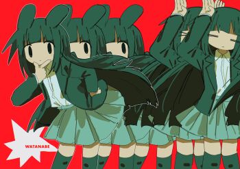 2girls absurdres afterimage animal_ears blazer blunt_bangs green_hair highres jacket long_hair long_sleeves multiple_girls original rabbit_ears red_background school_uniform short_hair skirt styd84 thighhighs