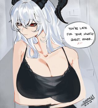 Rule 34 | 1girl, arm under breasts, bare shoulders, black bra, black dress, black horns, bra, breasts, closed mouth, collarbone, curled horns, dress, grey hair, hair between eyes, highres, horns, huge breasts, jewelry, kakesu2396, long hair, mole, mole under eye, red eyes, see-through clothes, underwear, wuthering waves, zani (wuthering waves)