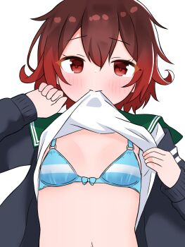 1girl :&gt; black_cardigan blue_bow blue_bra blush bow bow_bra bra breasts cardigan clothes_lift kantai_collection loli long_sleeves looking_at_viewer matu_(matu19) mutsuki_(kancolle) navel open_cardigan open_clothes red_eyes red_hair school_uniform serafuku shirt shirt_lift short_hair small_breasts standing striped_bra striped_clothes underwear white_background white_shirt