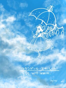 1girl artist_name bilingual_text blonde_hair cloud cloudy_sky commentary crystal_wings dress flandre_scarlet hat highres holding holding_umbrella looking_up medium_hair mixed-language_text mob_cap outline rgley shoes short_sleeves sky touhou umbrella water_drop white_hat wings