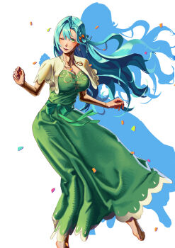 1girl absurdres aqua_hair bow braid breasts chloe_(fire_emblem) cleavage confetti dress earrings fire_emblem fire_emblem_engage green_dress green_eyes highres jewelry large_breasts long_dress long_hair looking_at_viewer nintendo orange_bow shoko_(pixiv_74769700) side_braid smile solo teardrop_earrings