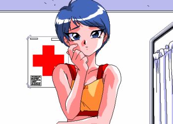 1990s_(style) 1girl aliasing animahjong animahjong_x animated animated_gif bare_shoulders blue_eyes blue_hair blush bouncing_breasts breasts cross female_focus bad_tag indoors looking_at_viewer lowres matching_hair/eyes nipples oomiya_etsuko red_cross retro_artstyle short_hair smile solo sports_bra undressing
