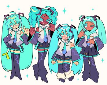 Rule 34 | 4girls, alternate skin color, aqua eyes, aqua hair, aqua hijab, bare shoulders, blush, breasts, commentary, curly hair, dark-skinned female, dark skin, detached sleeves, english commentary, hair between eyes, hatsune miku, highres, hijab, hijab as hair, jack0ran, long hair, looking at viewer, multiple girls, multiple persona, necktie, open mouth, plump, shirt, simple background, skirt, sleeveless, small breasts, smile, spring onion, thighhighs, twintails, very dark skin, very long hair, vocaloid, white background