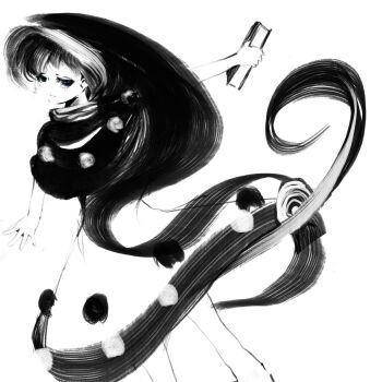 1girl :3 blue_eyes book doremy_sweet dress feet_out_of_frame from51572962 from_behind half-closed_eyes hat highres holding holding_book looking_at_viewer looking_back nightcap outstretched_arms pom_pom_(clothes) solo tail touhou two-tone_dress white_background