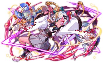 1girl :q alternate_costume animal_ear_fluff aqua_eyes artist_request asymmetrical_bangs black_bow black_bowtie black_socks black_suspenders blunt_bangs bow bowtie brooch button_eyes buttons cel_shading closed_mouth crash_fever cross-laced_clothes cross-laced_sleeves dot_nose drill_hair dual_wielding facial_mark fragarach_(crash_fever) full_body furisode_sleeves game_cg grey_skirt hair_bow heart heart_in_eye high-waist_skirt high_heels holding holding_sword holding_weapon jewelry katana kneehighs lace lace-trimmed_skirt lace-trimmed_sleeves lace_trim light_particles long_hair long_sleeves looking_at_viewer multicolored_eyes number_print numbered official_alternate_costume official_art one-eyed orange_bow outline pink_eyes pleated_skirt red_bow red_outline skirt socks solo square square_print stuffed_animal stuffed_toy suspender_skirt suspenders sword symbol_in_eye tachi-e third-party_source tongue tongue_out transparent_background two-tone_eyes underbust very_long_hair weapon white_footwear white_hair white_sleeves wide_sleeves