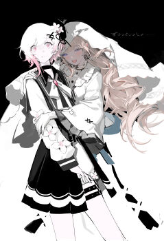 Rule 34 | 2girls, absurdres, beret, black choker, black dress, black hat, blending, blonde hair, chao jiu wan shiyi dian ban, chinese commentary, choker, commentary request, constricted pupils, cross, cross earrings, dress, earrings, feet out of frame, flower, gloves, gradient hair, hair flower, hair ornament, hat, highres, hikami meruru, hug, jewelry, long hair, long sleeves, looking at viewer, mahou shoujo no majo saiban, multicolored hair, multiple girls, open mouth, parted lips, pink eyes, purple eyes, sakuraba ema, short hair, simple background, smile, spoilers, standing, thigh strap, veil, white dress, white flower, white gloves, white hair, white veil, x hair ornament