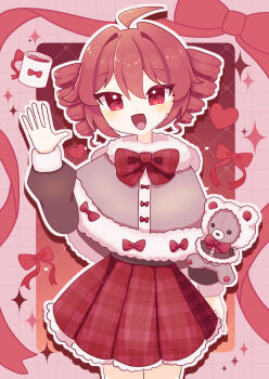 1girl ahoge alternate_costume bow bowtie capelet cowboy_shot fur-trimmed_capelet fur_trim hand_up highres kasane_teto long_sleeves looking_at_viewer open_mouth outline plaid_bow plaid_bowtie plaid_clothes plaid_skirt red_bow red_bowtie red_eyes red_hair red_skirt red_theme skirt smile solo standing stuffed_animal stuffed_toy teddy_bear umiya_0 utau white_outline