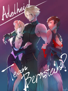 Rule 34 | 1boy, 2girls, adelheid bernstein, blonde hair, blue eyes, breasts, cleavage, highres, large breasts, mature (kof), multiple girls, snk, the king of fighters, vice (kof)