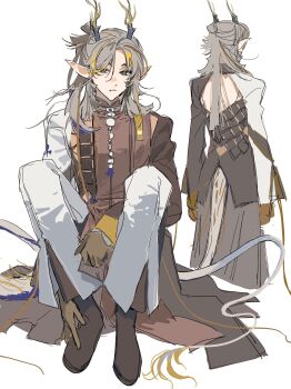 Rule 34 | 1boy, absurdres, arknights, brown hair, brown hands, brown robe, brown shoes, chinese clothes, chinese commentary, closed mouth, colored extremities, commentary request, dragon boy, dragon horns, dragon tail, eastern dragon horns, eastern dragon tail, full body, hair between eyes, highres, horns, ji (arknights), keita kg85, knees up, long hair, long sleeves, looking at viewer, male focus, multicolored hair, multiple views, pants, pointy ears, robe, shoes, sitting, standing, streaked hair, tail, white background, white pants