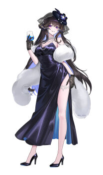 1girl absurdres bare_shoulders black_dress black_gloves black_hair black_shoes blue_hair breasts cleavage colored_inner_hair commentary_request cup demon_girl demon_horns dress drinking_glass full_body gloves hand_up high_heels highres holding holding_cup honkai:_star_rail honkai_(series) horns large_breasts long_hair looking_at_viewer mole mole_under_eye multicolored_hair official_alternate_costume purple_eyes shoes sicle simple_background smile solo standing strapless strapless_dress the_dahlia_(honkai:_star_rail) the_dahlia_(recollection)_(honkai:_star_rail) thighs veil white_background wine_glass