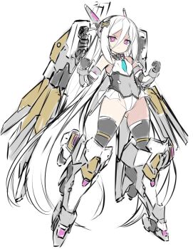 Rule 34 | 1girl, armored boots, black thighhighs, blue archive, boots, closed mouth, commentary request, elbow gloves, full body, gloves, grey gloves, groin, hair between eyes, halo, headgear, karukan (monjya), kei (blue archive), kei (new body) (blue archive), leotard, long hair, mecha musume, purple eyes, ringed eyes, simple background, solo, thighhighs, v-shaped eyebrows, very long hair, white background, white hair, white leotard