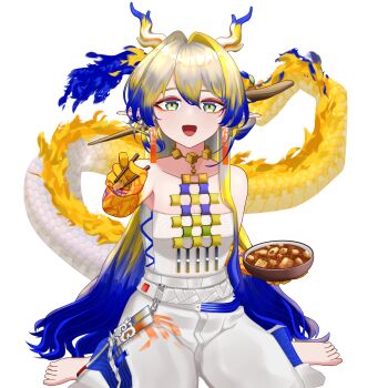 1girl :d arknights bare_shoulders barefoot belt blonde_hair blue_hair bowl breasts chopsticks cleavage colored_extremities commentary dragon_girl dragon_horns dragon_tail earrings eyeliner food green_eyes grey_hair hair_between_eyes hair_intakes highres holding holding_bowl holding_chopsticks horns incoming_food jewelry light_blush long_hair looking_at_viewer makeup mixed-language_commentary multicolored_hair necklace no_jacket open_mouth orange_eyeliner pants pointy_ears reivaignition124 seigaiha shu_(arknights) simple_background sitting small_breasts smile solo strapless tail tube_top wariza white_background white_belt white_pants white_tube_top