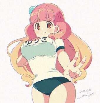 aikatsu!_(series) aikatsu_friends! alternate_breast_size_(larger) bad_id bad_twitter_id blonde_hair blue_bow blue_buruma bow breasts buruma cowboy_shot dated gradient_hair gym_uniform hair_bow hand_on_own_chest ivi-x large_breasts legs_together long_hair multicolored_hair name_tag orange_eyes pink_hair shirt short_sleeves signature simple_background standing two-tone_hair v wavy_hair white_background white_shirt