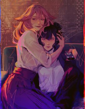 2girls abstract_background alternate_costume alternate_hairstyle animal_ears blunt_bangs closed_mouth collared_shirt commentary controller couch couple english_commentary fox_ears fox_girl genshin_impact hair_between_eyes hand_on_another's_head highres holding holding_remote_control hug hug_from_side indoors jacket leaning_on_person leaning_to_the_side light_smile long_sleeves looking_at_viewer mole mole_under_eye multiple_girls nesuferi on_couch open_clothes open_jacket pants pink_hair pink_lips purple_eyes purple_hair raiden_shogun red_nails remote_control shirt sitting skirt sleeves_rolled_up thick_lips upper_body wavy_hair white_shirt yae_miko yuri