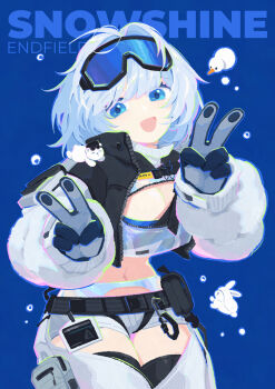 Rule 34 | 1girl, arknights, arknights: endfield, aurora (arknights), blue background, blue eyes, commentary, double v, gloves, goggles, grey hair, highres, looking at viewer, open mouth, roy (pixiv992911), short hair, ski goggles, snowshine (arknights), solo, v