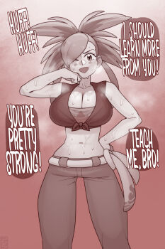 1girl bandeau belt blush_stickers breasts collarbone ekz_(robotekz) english_text flannery_(pokemon) hand_on_own_cheek hand_on_own_face hand_on_own_hip huffing initial large_breasts long_hair midriff navel nintendo one_eye_closed open_mouth pants pokemon pokemon_oras red_theme shirt solo speech_bubble steaming_body sweat tied_shirt