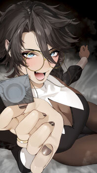 1girl absurdres black_dress black_hair black_lips black_nails blue_eyes blush bodystocking breasts commentary_request condom condom_wrapper dress eyewear_strap fang fingernails foreshortening glasses hair_between_eyes hand_up highres holding holding_condom jewelry juliet_sleeves large_breasts lipstick long_sleeves looking_at_viewer makeup mole mole_under_mouth nail_polish open_mouth original outstretched_arm pelvic_curtain puffy_sleeves ring round_eyewear see-through_cleavage see-through_clothes shishamo_712 short_hair sitting smile solo yellow-framed_eyewear