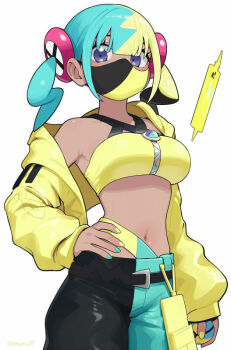 1girl aqua_hair arm_at_side belt blonde_hair blue_eyes breasts canari_(pokemon) cowboy_shot crop_top dark-skinned_female dark_skin gen_4_pokemon halterneck hand_on_own_hip holding holding_poke_ball jacket looking_at_viewer mask medium_breasts medium_hair midriff mouth_mask multicolored_hair multicolored_nails navel nintendo off_shoulder omaru_gyuunyuu pants poke_ball pokemon pokemon_legends:_z-a quick_ball rotom rotom_phone shirt single_bare_shoulder solo standing twintails twitter_username two-tone_hair yellow_jacket yellow_shirt