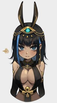 1girl absurdres ancient_egyptian_clothes animal_ears arms_at_sides black_gloves black_hair blue_eyes blue_hair borrowed_character breasts cleavage closed_mouth commentary commission cropped_torso dark-skinned_female dark_skin earrings egyptian_mythology elbow_gloves english_commentary gloves grey_background hair_ornament highres jewelry large_breasts looking_at_viewer medium_hair multicolored_hair pelvic_curtain set_(mythology) set_(romana) sidelocks simple_background solo streaked_hair useq1067
